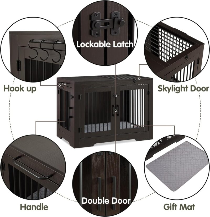 Lovitgo 37 Inch Dog Crate Furniture for Medium Small Dog, Wooden Heavy Duty Dog Kennel with Three Doors,Wooden Cage Kennel Furniture Indoor, Espresso - Image 5