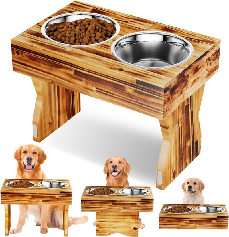 AMENER Elevated Dog Bowls with 2 Stainless Steel Dog Food Bowls-3 Height Adjustable Raised Dog Bowl Stand Non-Slip Dog Bowl Holder- Wooden Dog Feeding Station for Small Medium Dogs