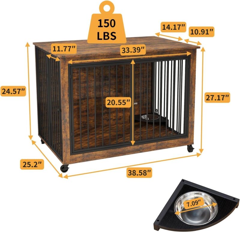 39" Dog Crate Furniture with Rotatable Bowls, Wooden Dog Crate End Table, Decorative Heavy Duty Dog Kennel Furniture Indoor with Double Doors 4 Wheels - Image 7