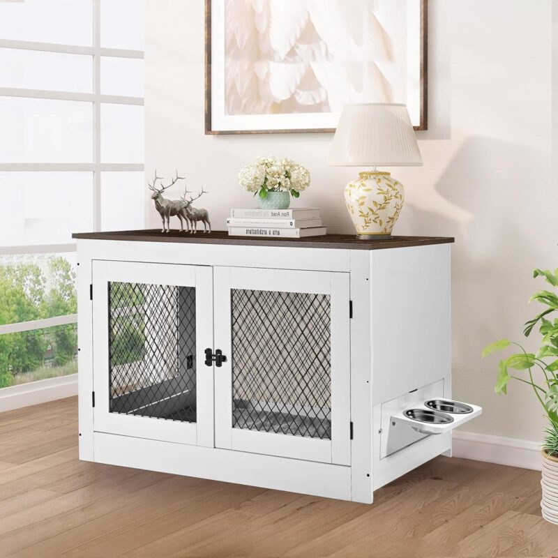 Homiesetify Dog Crate Furniture with 360°Rotatable Removable Dog Bowls, 41in Wooden Dog Kennel End Table with Cushion & Tray and Double Doors, Pet Crate House Indoor Use for Medium Large Dogs (White)