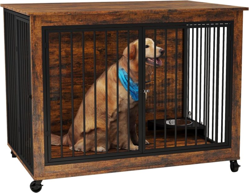 39" Dog Crate Furniture with Rotatable Bowls, Wooden Dog Crate End Table, Decorative Heavy Duty Dog Kennel Furniture Indoor with Double Doors 4 Wheels