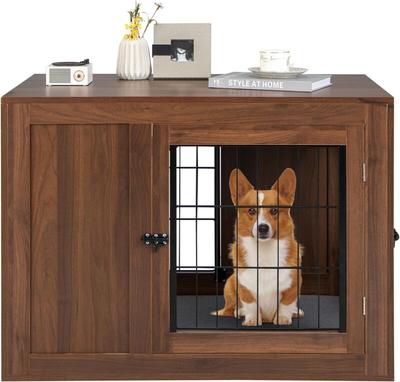 PETSITE Dog Crate Furniture with Cushion, Wooden Dog Crate End Table with Double-Doors, Dog Kennel Indoor, Pet Cage House for Small to Medium Sized Dogs