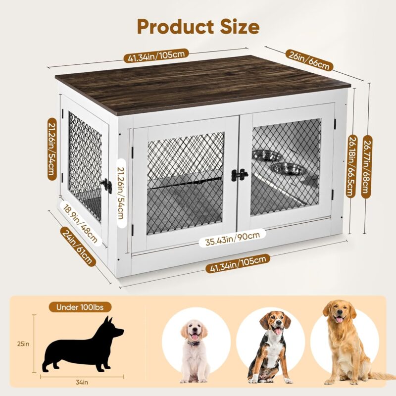 Homiesetify Dog Crate Furniture with 360°Rotatable Removable Dog Bowls, 41in Wooden Dog Kennel End Table with Cushion & Tray and Double Doors, Pet Crate House Indoor Use for Medium Large Dogs (White) - Image 5