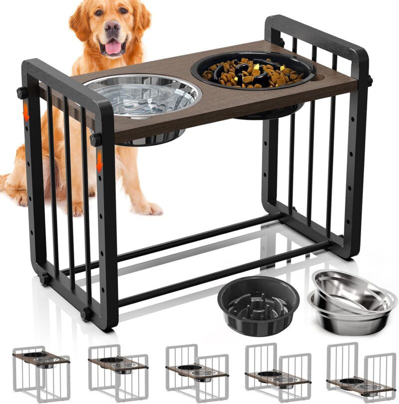 Pet Deluxe Elevated Dog Bowls, 5 Height Adjustable Metal Raised Dog Bowl Stand with Slow Feeder & 2 Stainless Steel Dog Food Bowls, No Slip Dog Bowls for Small Medium Large Sized Dogs(3.2" to 12.6")