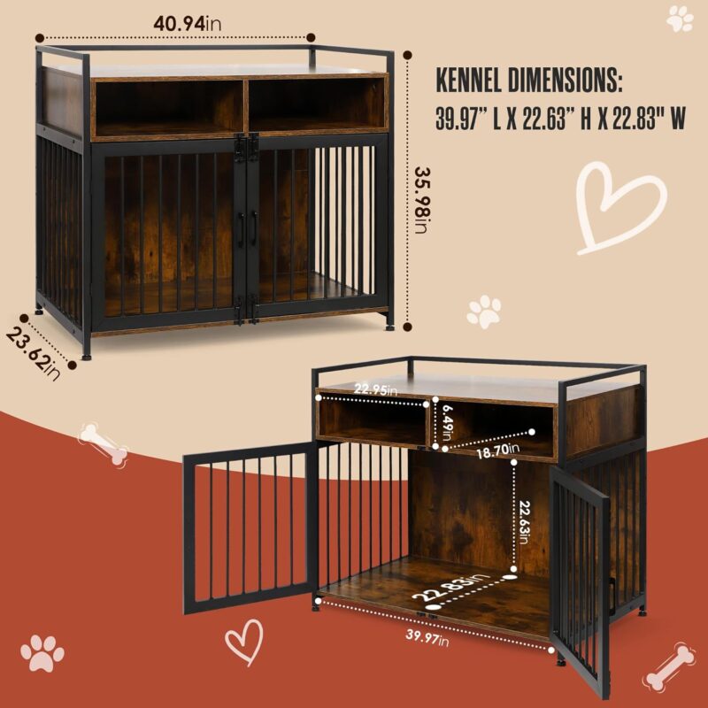 Houseables Dog Crate Furniture, Dog Kennel Indoor, Medium Dog Crate, Dog Kennel Furniture, 41 Inch, Metal, Rustic Brown Wood, Dog Crate Table, Wooden Dog Crate Furniture, Furniture Crate for S-M Dogs - Image 2