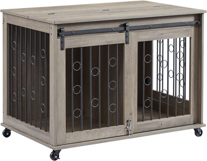 KIVENJAJA 2-in-1 Size Dog Crate Furniture for 2 Puppies/Small to Medium, Two Rooms Wooden Dog Kennel Pet House Cage with Movable Divider, Flip Top, Sliding Door & Rolling Wheels, 39 inch (Grey) - Image 6