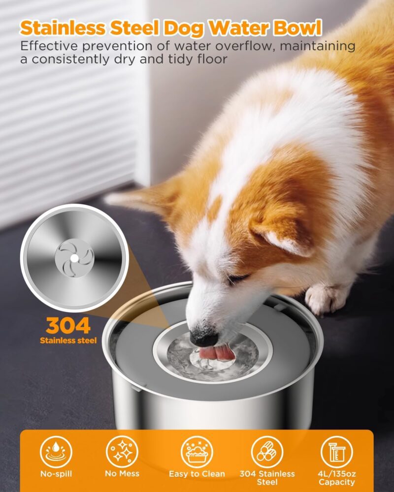 Dog Water Bowl, 4L/135oz Large Capacity Stainless Steel Pet Water Bowl with Floating Disk, No-Spill Slow Water Feeder Suitable for Vehicle Carried Travel Water Bowl for Dogs and Cats. - Image 2