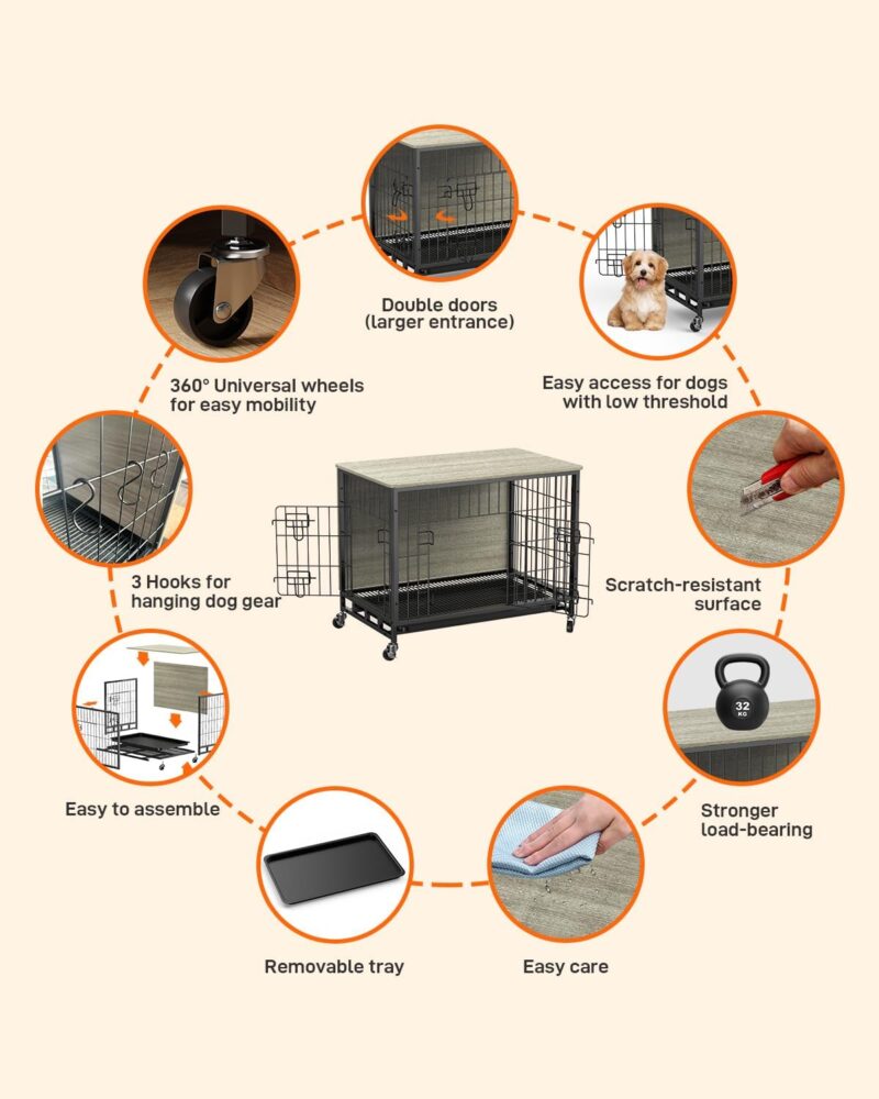 Dog Crate Furniture, 32.5" Double-Doors Dog Kennel Indoor with Removable Tray and Wheels, Wooden Dog Crates for Medium Dogs, Dog Kennel Furniture, Decorative Dog Cage End Table, Rustic Grey - Image 4