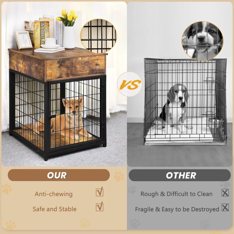 Dog Crate Furniture, Wooden Dog House, Decorative Dog Kennel with Drawer, Indoor Pet Crate Side Table Nightstand End Table for Small Dog, Rustic Brown - Image 5