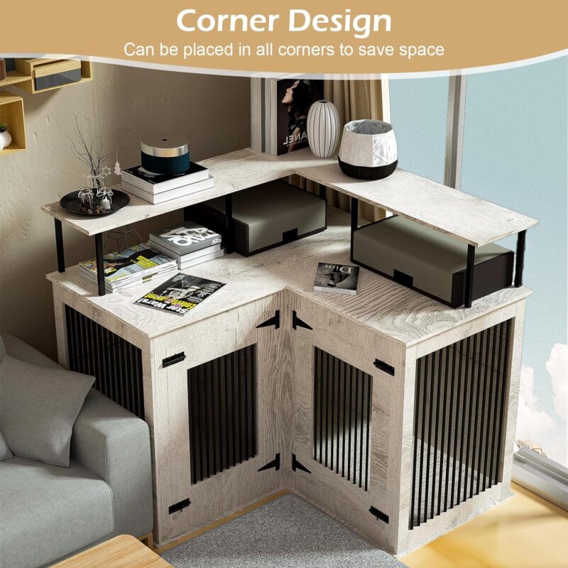 HSSZXFR Corner Dog Crate Furniture, Decorative Dog Crate with Double Door Wooden Dog Crate Kennel Furniture with Divider Furniture Style Dog Crate End Table for Large/Medium/Small Dog Indoor Use - Image 3