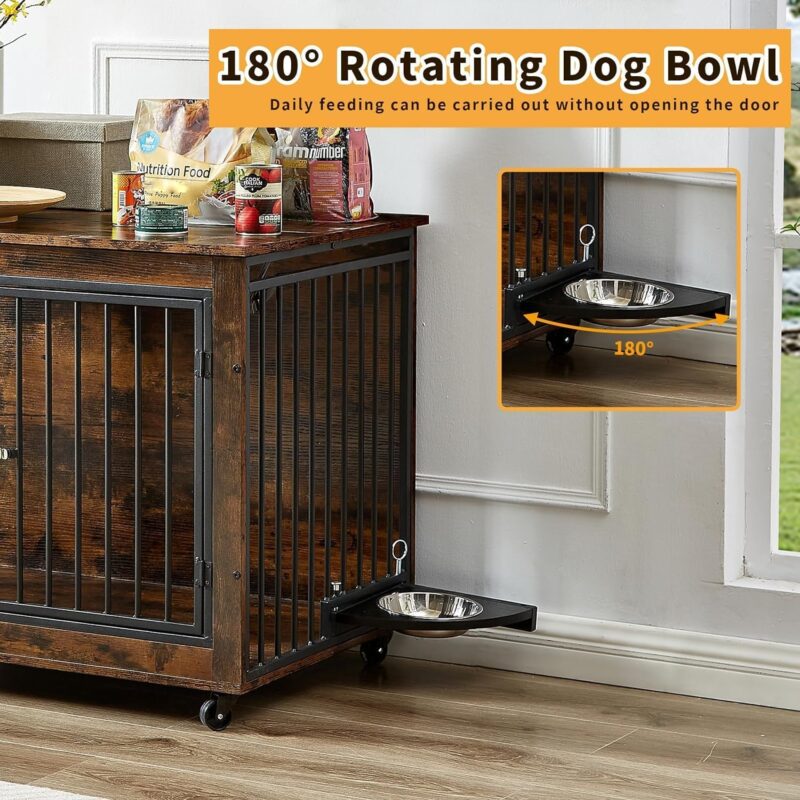 39" Dog Crate Furniture with Rotatable Bowls, Wooden Dog Crate End Table, Decorative Heavy Duty Dog Kennel Furniture Indoor with Double Doors 4 Wheels - Image 3