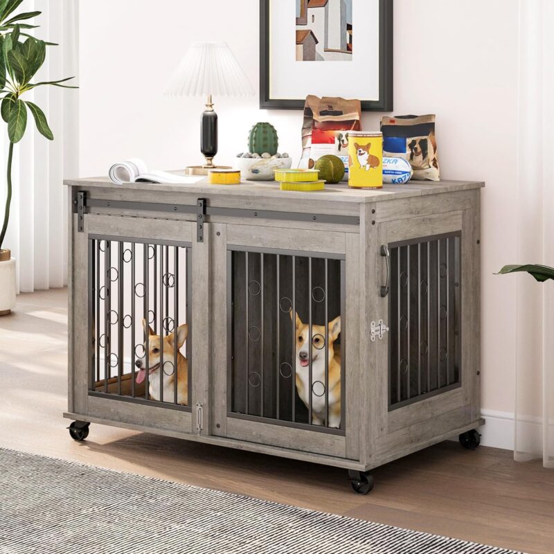KIVENJAJA 2-in-1 Size Dog Crate Furniture for 2 Puppies/Small to Medium, Two Rooms Wooden Dog Kennel Pet House Cage with Movable Divider, Flip Top, Sliding Door & Rolling Wheels, 39 inch (Grey)