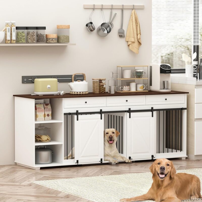 86.6" Large Dog Crate Furniture, Wooden Dog Kennel for 2 Dogs with Drawers,Shelves,Divider & Slidding Door, Indoor Furniture Style Dog House w/Double Rooms for Large Medium Dogs, White - Image 6