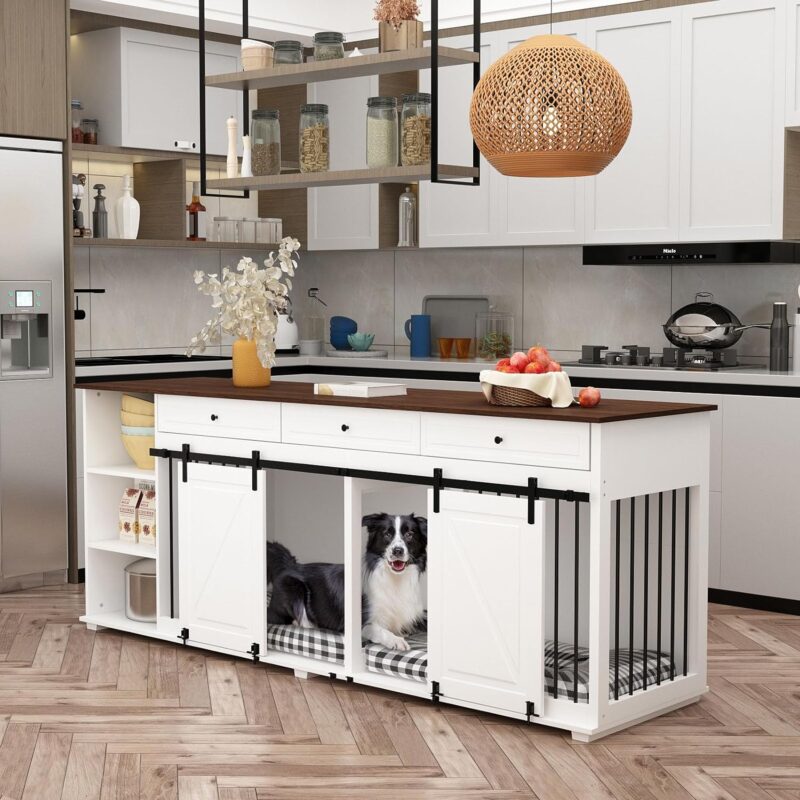 86.6" Large Dog Crate Furniture, Wooden Dog Kennel for 2 Dogs with Drawers,Shelves,Divider & Slidding Door, Indoor Furniture Style Dog House w/Double Rooms for Large Medium Dogs, White - Image 7