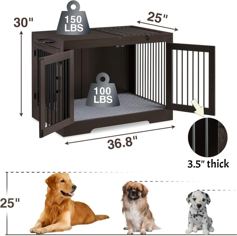 Lovitgo 37 Inch Dog Crate Furniture for Medium Small Dog, Wooden Heavy Duty Dog Kennel with Three Doors,Wooden Cage Kennel Furniture Indoor, Espresso - Image 6