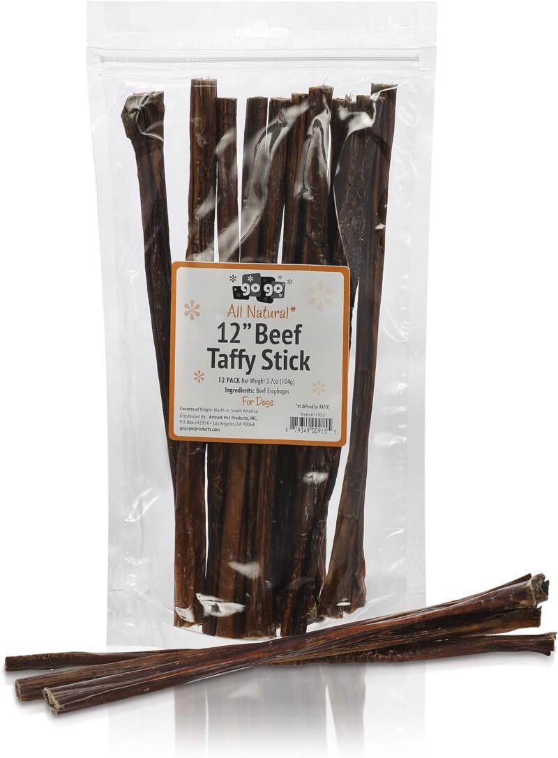 GOGO 12 Inch Beef Moo Taffy Sticks, Free Range, Beef Taffy Dog Treats - 12 Pack Bag