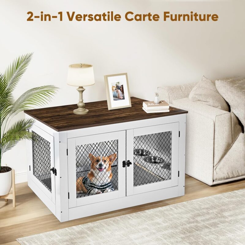 Homiesetify Dog Crate Furniture with 360°Rotatable Removable Dog Bowls, 41in Wooden Dog Kennel End Table with Cushion & Tray and Double Doors, Pet Crate House Indoor Use for Medium Large Dogs (White) - Image 2