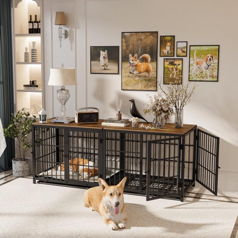 Heavy Duty Dog Crate Furniture: 42inch Wooden Dog Crates End Table Kennel with Three Doors and Removable Tray - Extra Large Puppy Indoor Training Playpen House Decorative Side Table Cage Rustic Brown - Image 4