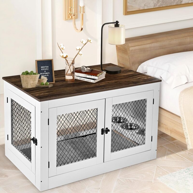 Homiesetify Dog Crate Furniture with 360°Rotatable Removable Dog Bowls, 41in Wooden Dog Kennel End Table with Cushion & Tray and Double Doors, Pet Crate House Indoor Use for Medium Large Dogs (White) - Image 9