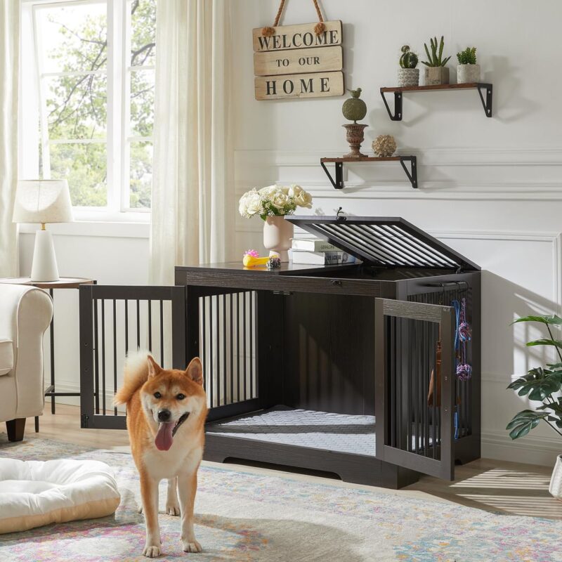 Lovitgo 37 Inch Dog Crate Furniture for Medium Small Dog, Wooden Heavy Duty Dog Kennel with Three Doors,Wooden Cage Kennel Furniture Indoor, Espresso