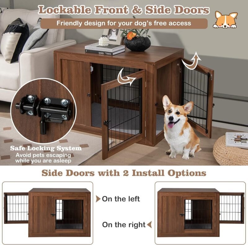 PETSITE Dog Crate Furniture with Cushion, Wooden Dog Crate End Table with Double-Doors, Dog Kennel Indoor, Pet Cage House for Small to Medium Sized Dogs - Image 3