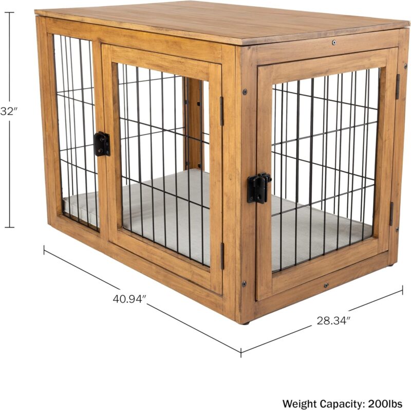 Furniture-Style Dog Crate - Acacia Wood Kennel for Large Dogs with Double Doors and Cushion - Dog Kennel Furniture by PETMAKER (Natural) - Image 2
