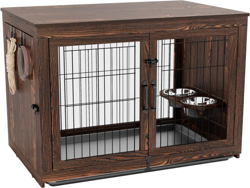 Piskyet Wooden Dog Crate Furniture with 360°Rotatable Removable Dog Bowls, Dog Crate End Table with Tray, Double Doors Dog Kennels for Dogs(XL:43.2" L*28.6" W*30.3" H, Rustic Style) - Image 7