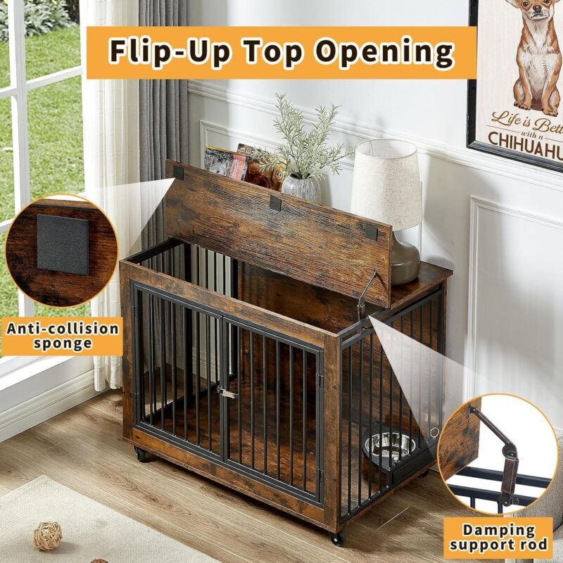 39" Dog Crate Furniture with Rotatable Bowls, Wooden Dog Crate End Table, Decorative Heavy Duty Dog Kennel Furniture Indoor with Double Doors 4 Wheels - Image 2