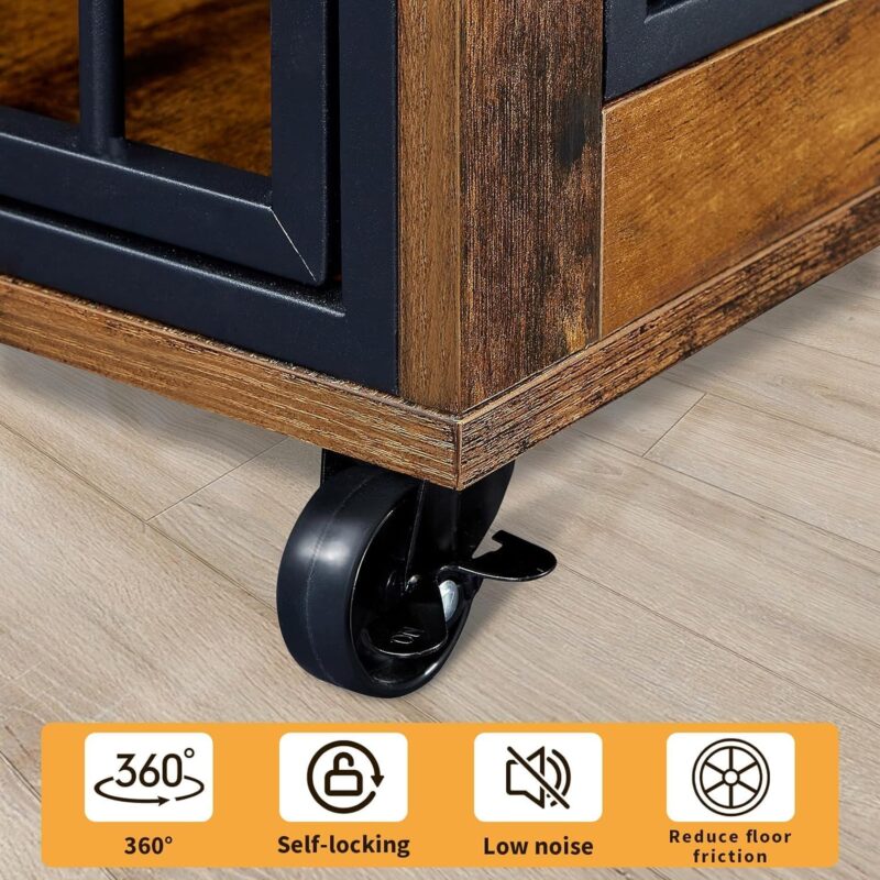 39" Dog Crate Furniture with Rotatable Bowls, Wooden Dog Crate End Table, Decorative Heavy Duty Dog Kennel Furniture Indoor with Double Doors 4 Wheels - Image 4