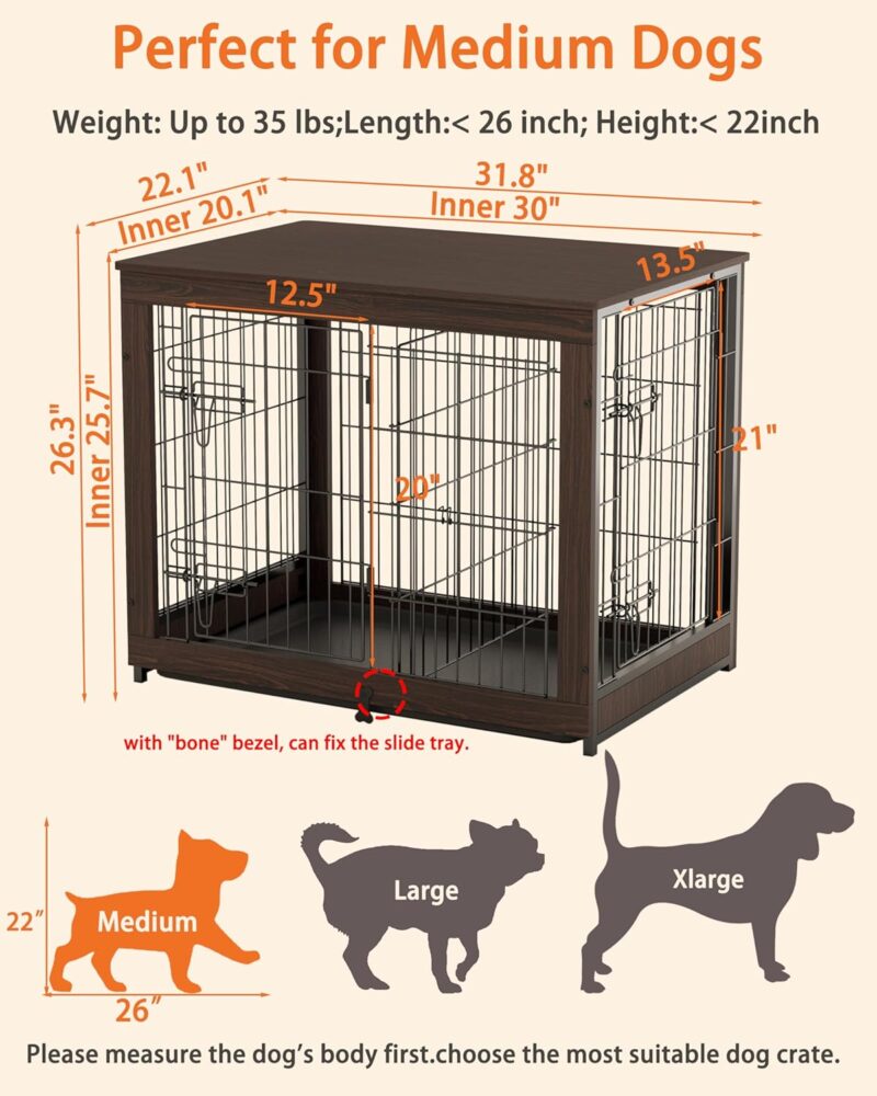 Piskyet Wooden Dog Crate Furniture with Divider Panel, Dog Crate End Table with Fixable Slide Tray, Double Doors Dog Kennel Indoor for Medium Dogs (M:31.8 * 22.1 * 26.3inch,Brown Walnut) - Image 3