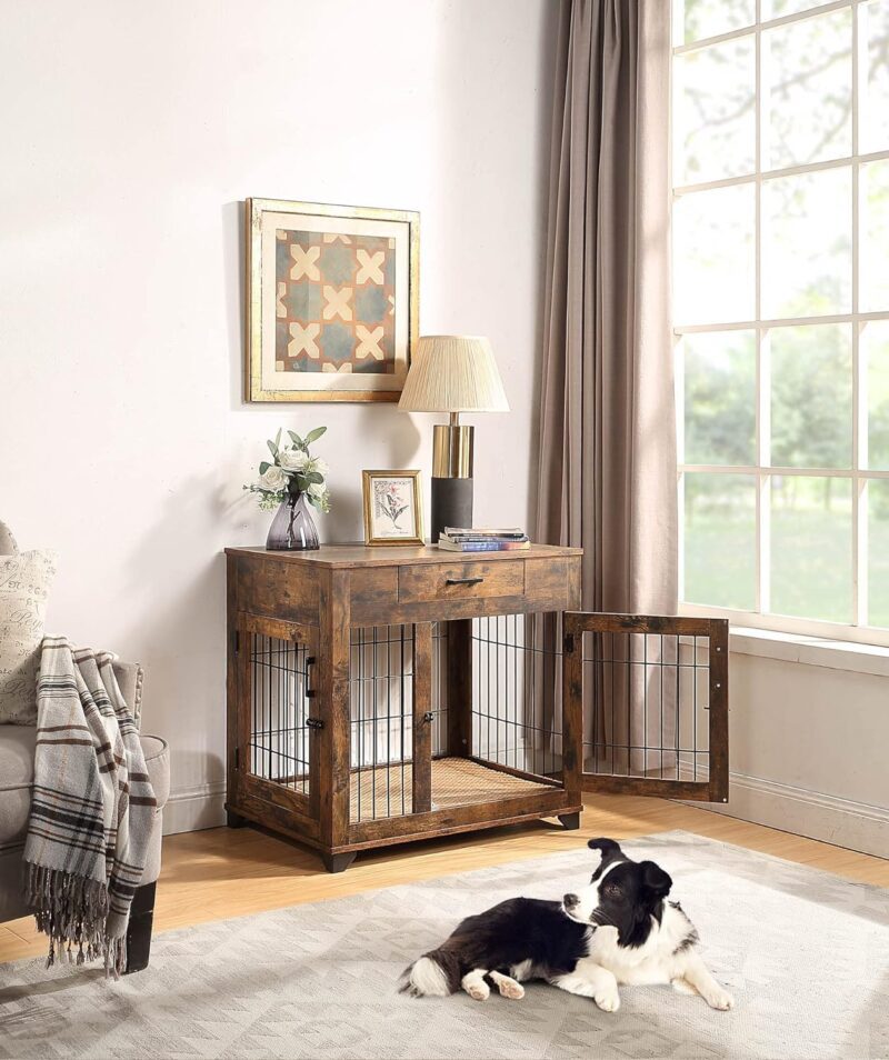 unipaws Furniture Style Dog Crate for Medium Dogs, Indoor Aesthetic Puppy Kennel, Modern Decorative Wood Wire Pet House Dog Cage with Drawer, Pretty Cute End Side Table Nightstand, Rustic - Image 2