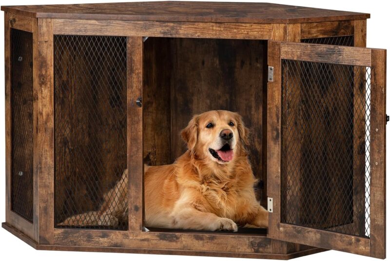 VITESSE Corner Dog Crate Furniture, 44/52inch Durable Wooden Dog Kennel End Table, Indoor Decorative Puppy Kennel with Metal Mesh, Heavy-Duty Pet House for Large Dogs with Portable Switch, TV Stand