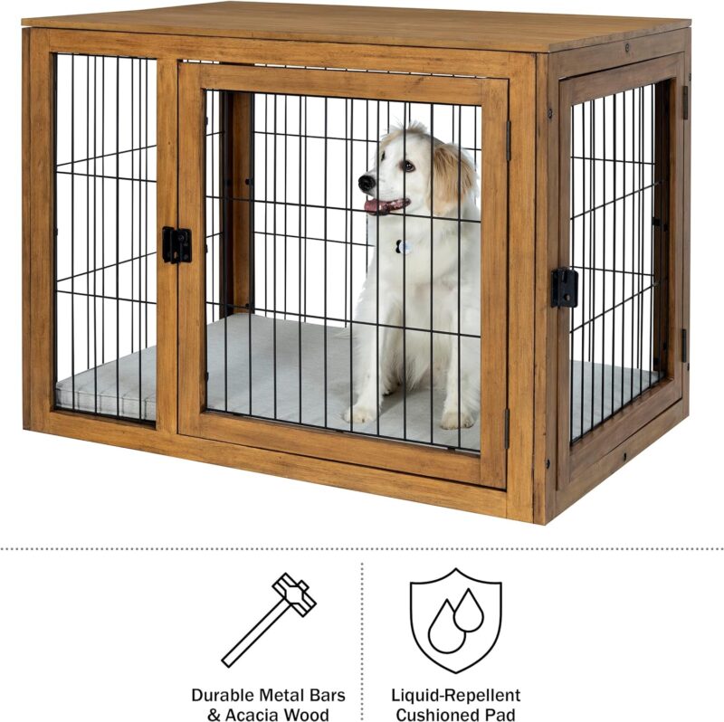 Furniture-Style Dog Crate - Acacia Wood Kennel for Large Dogs with Double Doors and Cushion - Dog Kennel Furniture by PETMAKER (Natural) - Image 4
