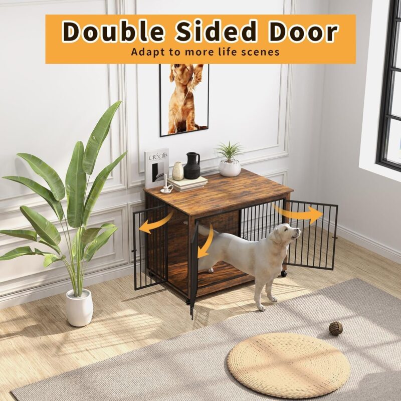 39" Dog Crate Furniture with Rotatable Bowls, Wooden Dog Crate End Table, Decorative Heavy Duty Dog Kennel Furniture Indoor with Double Doors 4 Wheels - Image 6