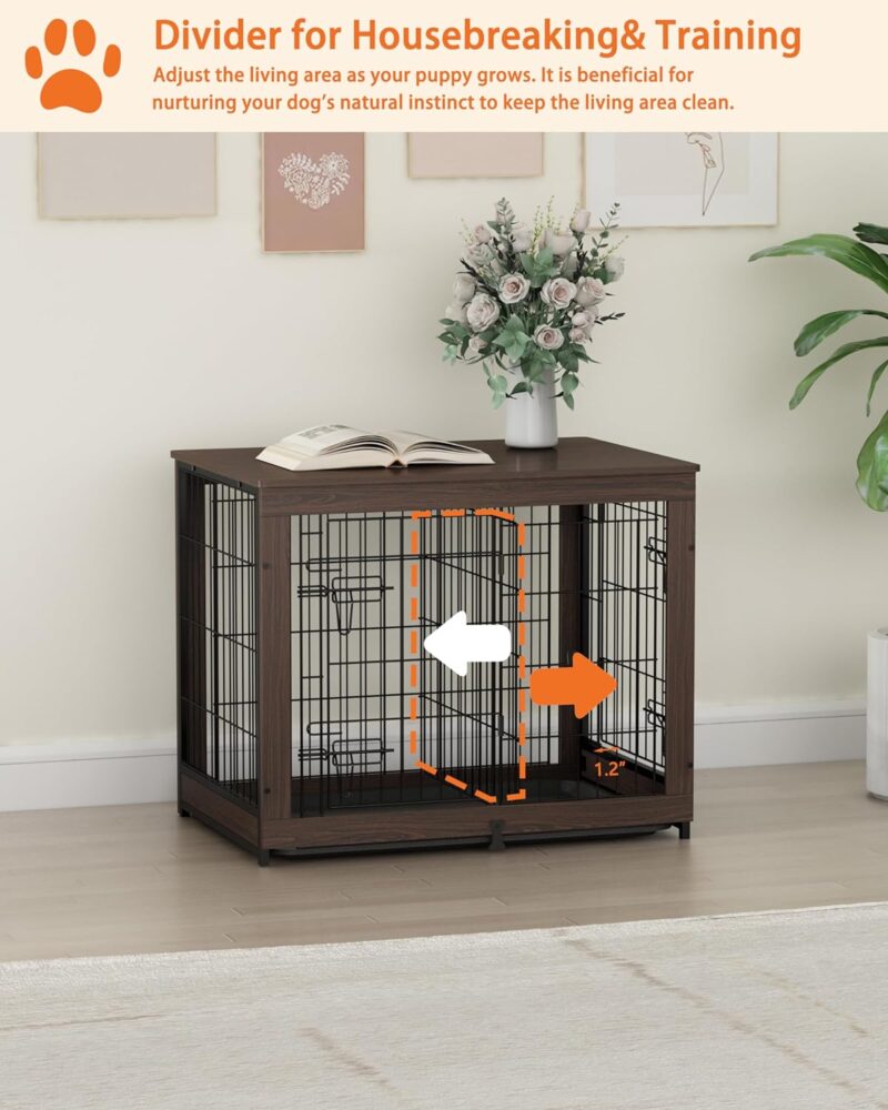 Piskyet Wooden Dog Crate Furniture with Divider Panel, Dog Crate End Table with Fixable Slide Tray, Double Doors Dog Kennel Indoor for Medium Dogs (M:31.8 * 22.1 * 26.3inch,Brown Walnut) - Image 4