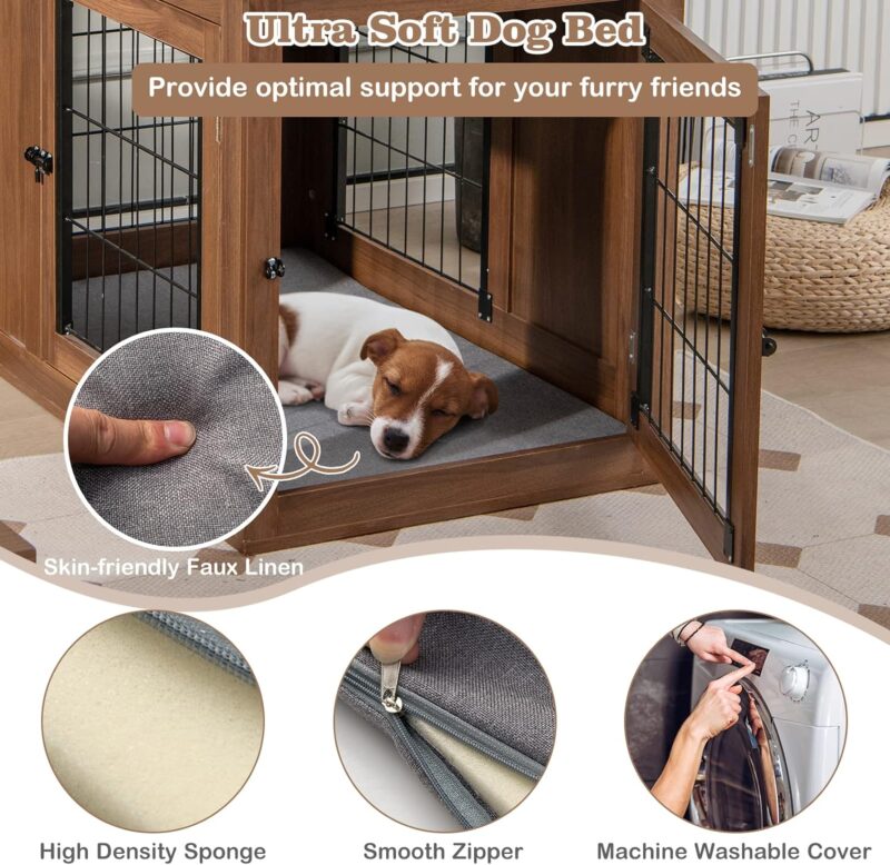 PETSITE Dog Crate Furniture with Cushion, Wooden Dog Crate End Table with Double-Doors, Dog Kennel Indoor, Pet Cage House for Small to Medium Sized Dogs - Image 4