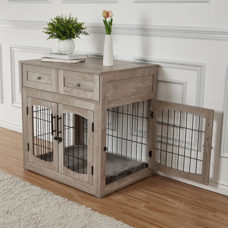 Dog Crate Furniture with Cushion,Wooden Dog Kennels Indoor with 2 Drawers,Dog Furniture Crate End Table with Storage - Image 3