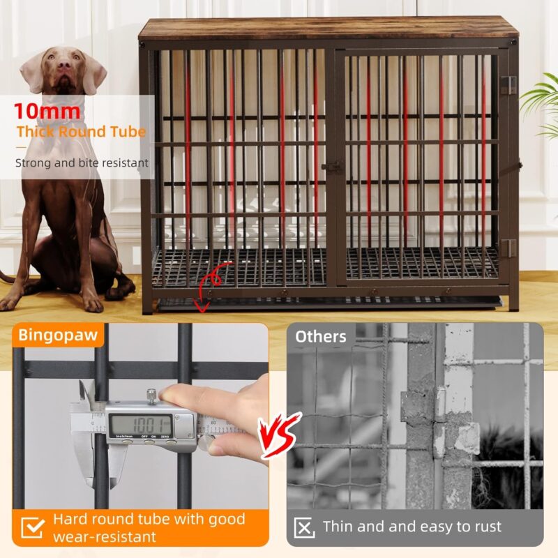 Heavy Duty Dog Crate Furniture: 42inch Wooden Dog Crates End Table Kennel with Three Doors and Removable Tray - Extra Large Puppy Indoor Training Playpen House Decorative Side Table Cage Rustic Brown - Image 7