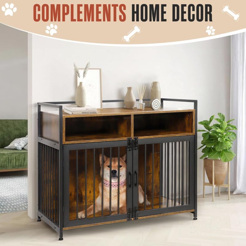 Houseables Dog Crate Furniture, Dog Kennel Indoor, Medium Dog Crate, Dog Kennel Furniture, 41 Inch, Metal, Rustic Brown Wood, Dog Crate Table, Wooden Dog Crate Furniture, Furniture Crate for S-M Dogs - Image 3