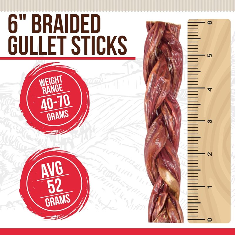 Braided Gullet Sticks-100% Natural and Delicious Dog Treats and Protein Rich Chews-Fully Digestible Promotes Joint & Dental Health for All Breed Sizes Dogs and Puppies 6 inch (3 Count)