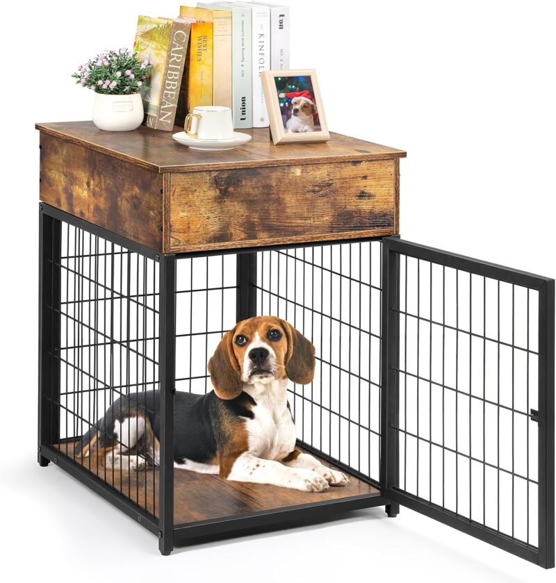 Dog Crate Furniture, Wooden Dog House, Decorative Dog Kennel with Drawer, Indoor Pet Crate Side Table Nightstand End Table for Small Dog, Rustic Brown