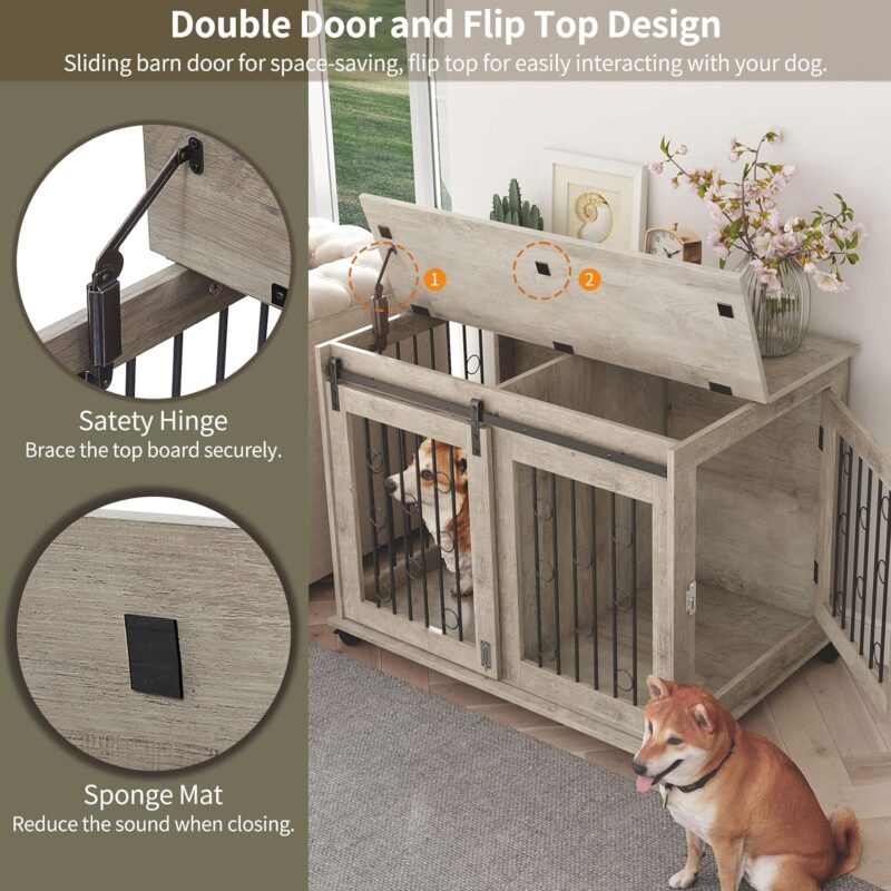KIVENJAJA 2-in-1 Size Dog Crate Furniture for 2 Puppies/Small to Medium, Two Rooms Wooden Dog Kennel Pet House Cage with Movable Divider, Flip Top, Sliding Door & Rolling Wheels, 39 inch (Grey) - Image 3