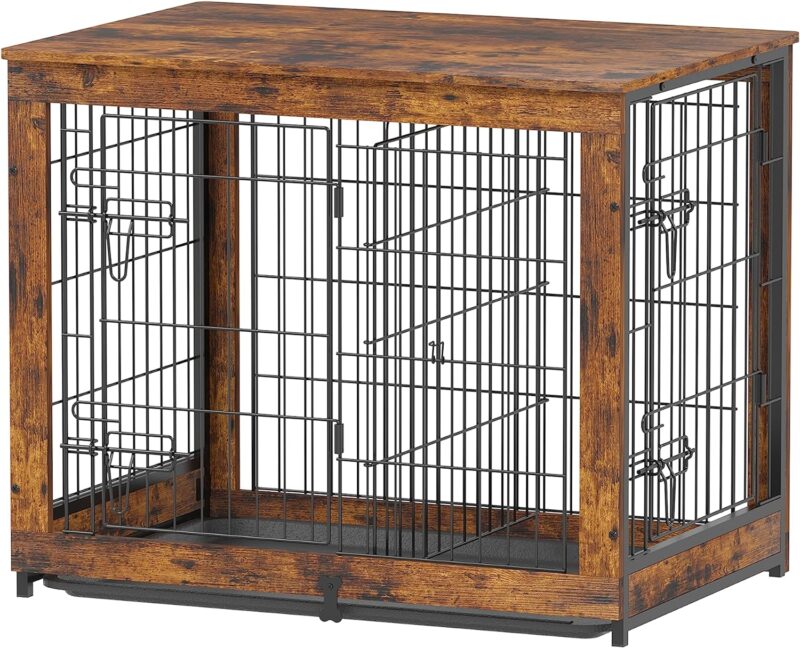 Piskyet Wooden Dog Crate Furniture with Divider Panel, Dog Crate End Table with Fixable Slide Tray, Double Doors Dog Kennel Indoor for Medium Dogs (M:31.8 * 22.1 * 26.3inch,Rustic Style)