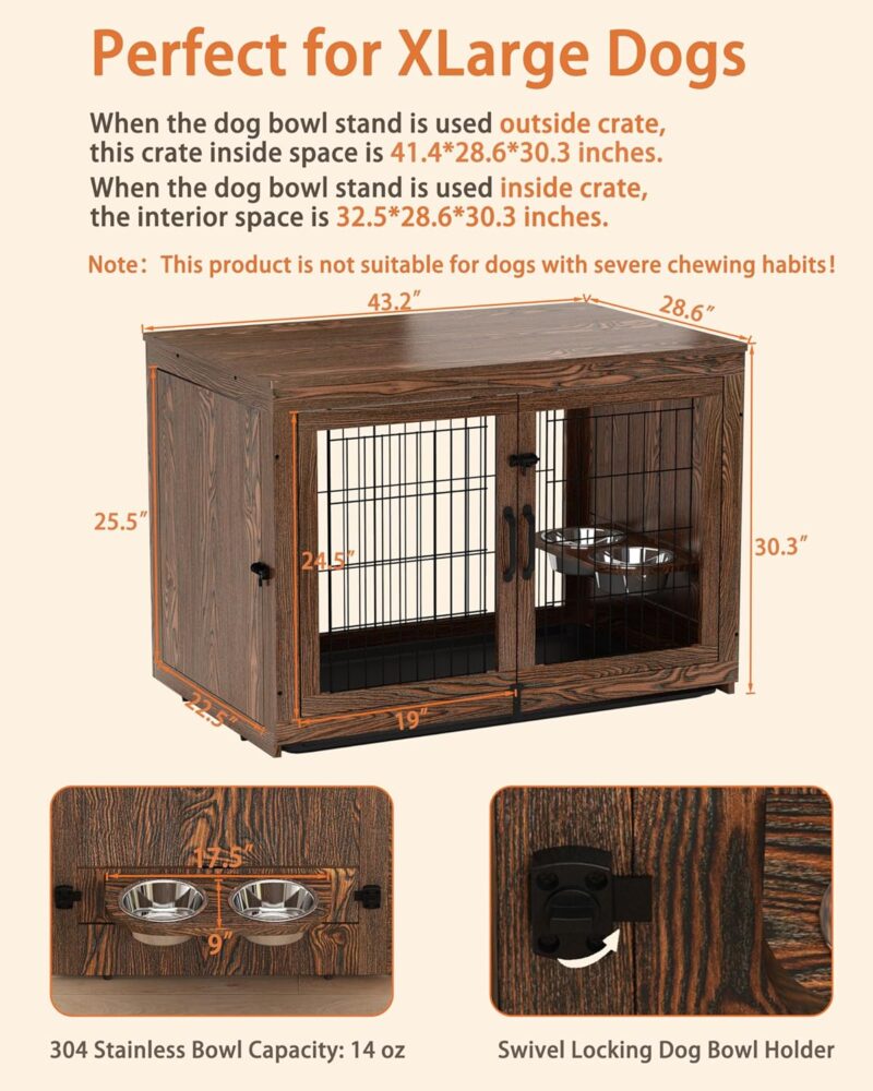 Piskyet Wooden Dog Crate Furniture with 360°Rotatable Removable Dog Bowls, Dog Crate End Table with Tray, Double Doors Dog Kennels for Dogs(XL:43.2" L*28.6" W*30.3" H, Rustic Style) - Image 2