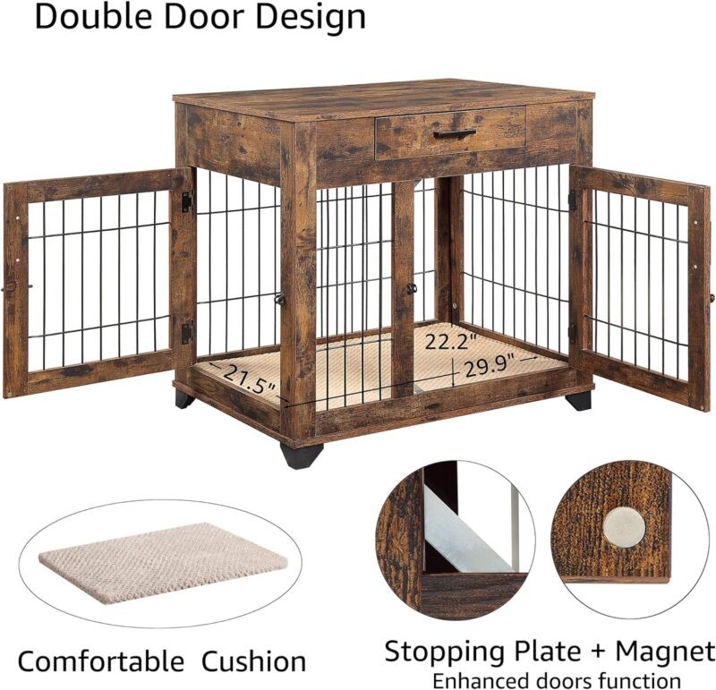 unipaws Furniture Style Dog Crate for Medium Dogs, Indoor Aesthetic Puppy Kennel, Modern Decorative Wood Wire Pet House Dog Cage with Drawer, Pretty Cute End Side Table Nightstand, Rustic - Image 6