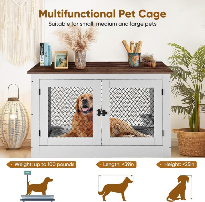 Homiesetify Dog Crate Furniture with 360°Rotatable Removable Dog Bowls, 41in Wooden Dog Kennel End Table with Cushion & Tray and Double Doors, Pet Crate House Indoor Use for Medium Large Dogs (White) - Image 6