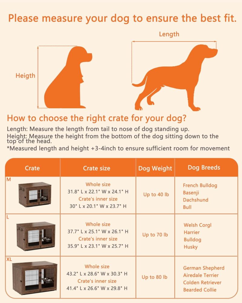 Piskyet Wooden Dog Crate Furniture with 360°Rotatable Removable Dog Bowls, Dog Crate End Table with Tray, Double Doors Dog Kennels for Dogs(XL:43.2" L*28.6" W*30.3" H, Rustic Style) - Image 3