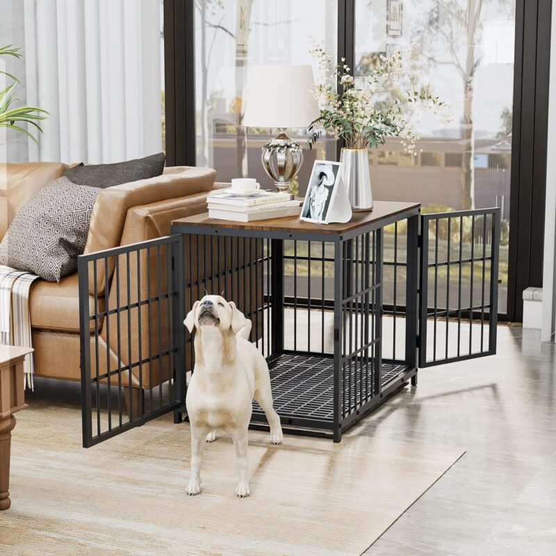 Heavy Duty Dog Crate Furniture: 42inch Wooden Dog Crates End Table Kennel with Three Doors and Removable Tray - Extra Large Puppy Indoor Training Playpen House Decorative Side Table Cage Rustic Brown - Image 5