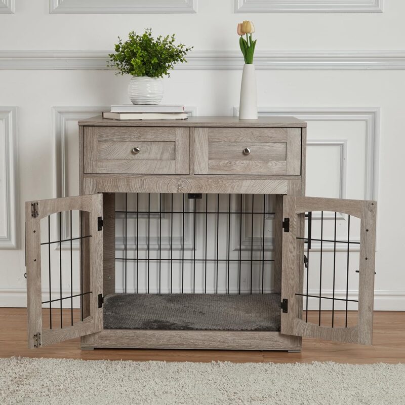 Dog Crate Furniture with Cushion,Wooden Dog Kennels Indoor with 2 Drawers,Dog Furniture Crate End Table with Storage - Image 2
