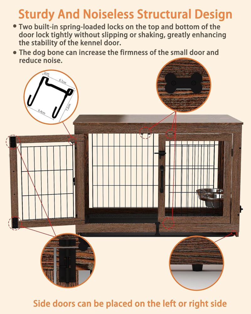 Piskyet Wooden Dog Crate Furniture with 360°Rotatable Removable Dog Bowls, Dog Crate End Table with Tray, Double Doors Dog Kennels for Dogs(XL:43.2" L*28.6" W*30.3" H, Rustic Style) - Image 6